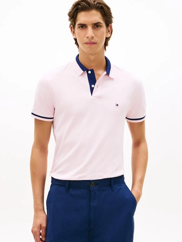 Tommy Hilfiger Mens Contrast Collar Block Polo - Pink Lily Pink Lily / M
