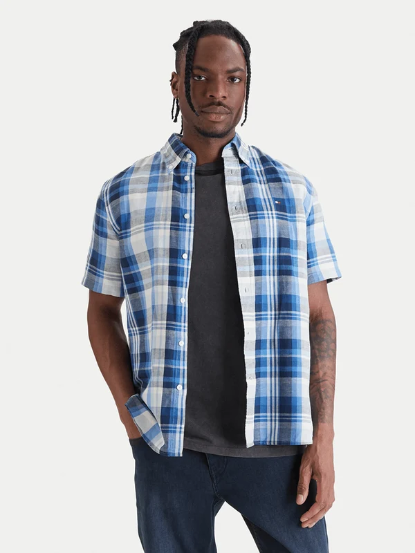 Tommy Hilfiger Mens Linen Plaid Short Sleeve Shirt - Preppy Navy Check Preppy Navy Check / XXL