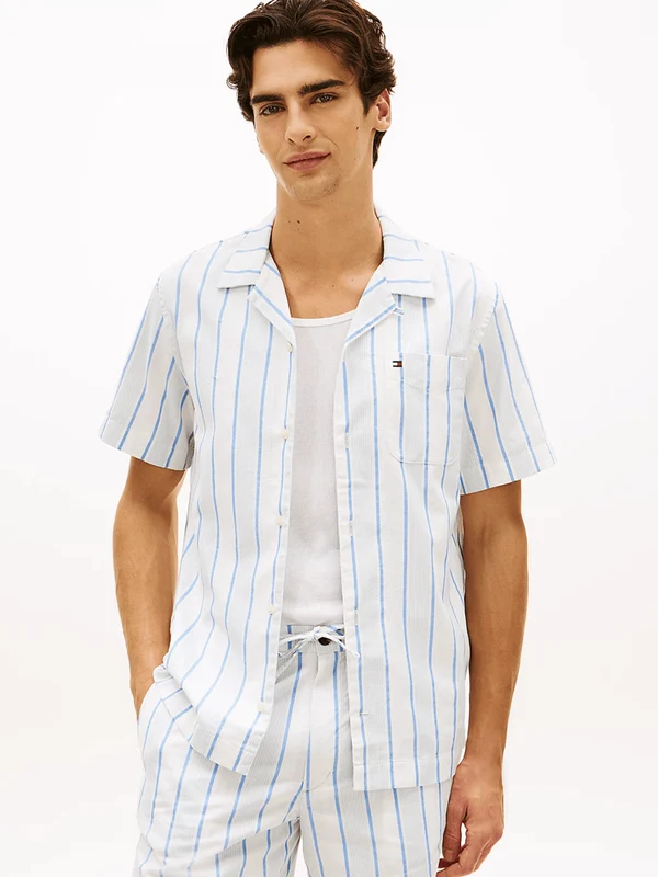 Tommy Hilfiger Mens Regular Fit Cuban Collar Short Sleeve Shirt Blue Shell Stripe / XL