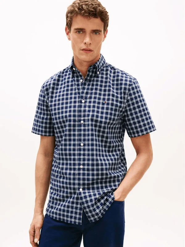 Tommy Hilfiger Mens Regular Fit Short Sleeve Plaid Shirt Carbon Navy Check / XL