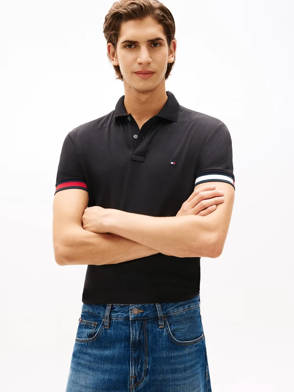 Tommy Hilfiger Mens RWB Cuff Liquid Cotton Slim Polo - Black Black / M