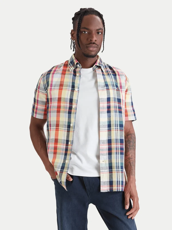 Tommy Hilfiger Mens Linen Plaid Short Sleeve Shirt - Brilliant Orange Check Brilliant Orange Check / L