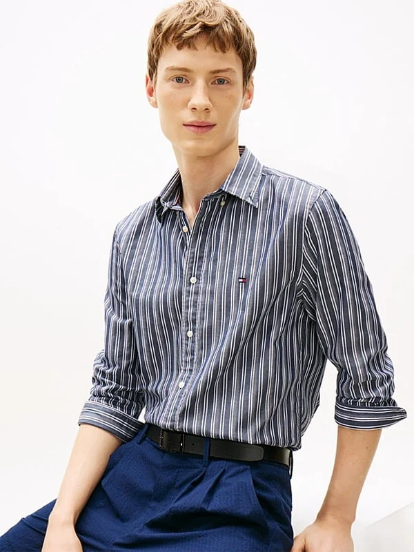 Tommy Hilfiger Mens Flex Poplin Texture Stripe Shirt - Carbon Navy Carbon Navy Stripe / M