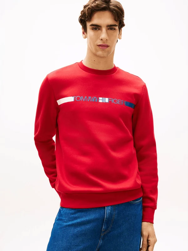 Tommy Hilfiger Mens Brand Stripe Sweatshirt Medium Red / XL