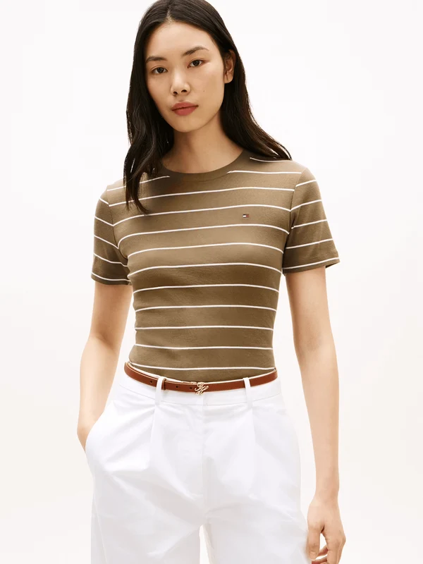 Tommy Hilfiger Womens Cody Slim Crew Neck T-Shirt - Mideterranean Olive/Ecru Stripe Mideterranean Olive/Ecru Stripe / M