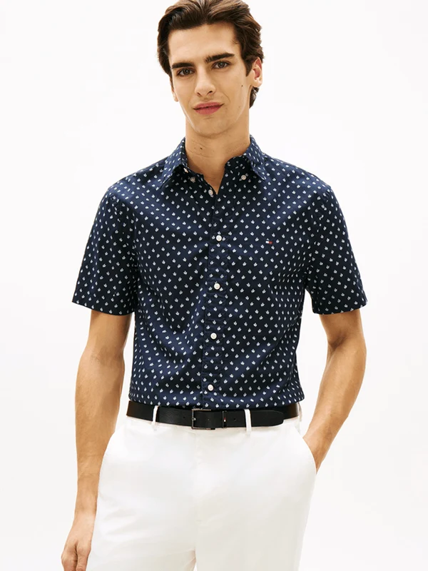 Tommy Hilfiger Mens Flex Poplin Printed Short Sleeve Shirt Desert Sky / M