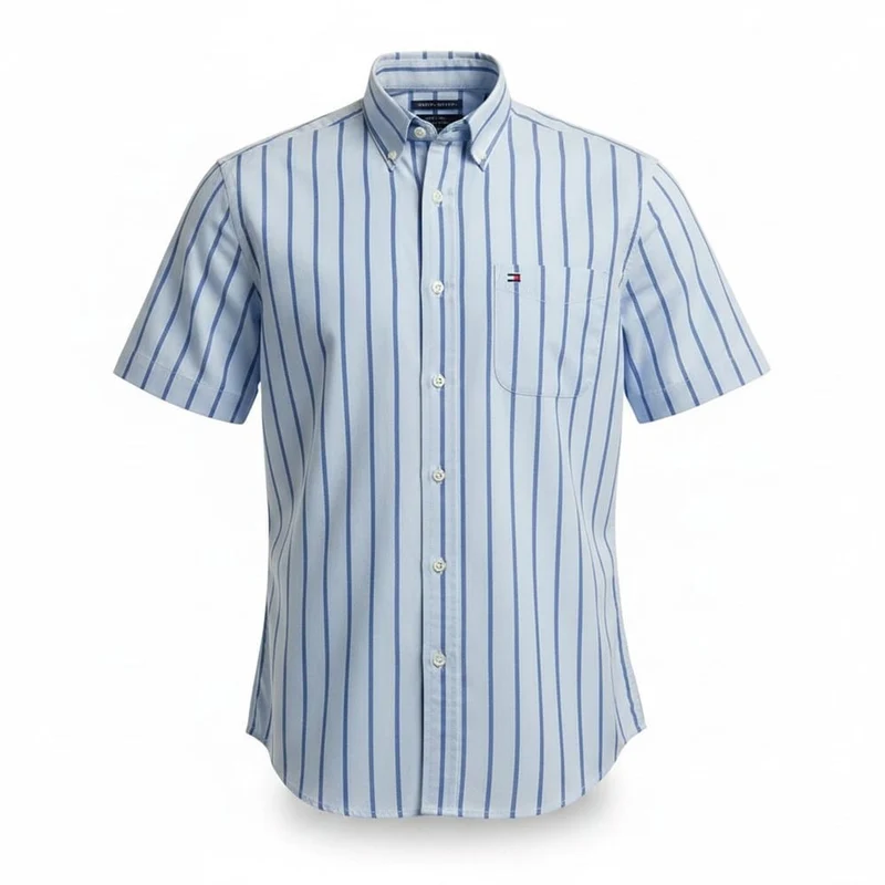 Tommy Hilfiger Mens Light Oxford Wide Stripe Short Sleeve Shirt Blue Stripe / M