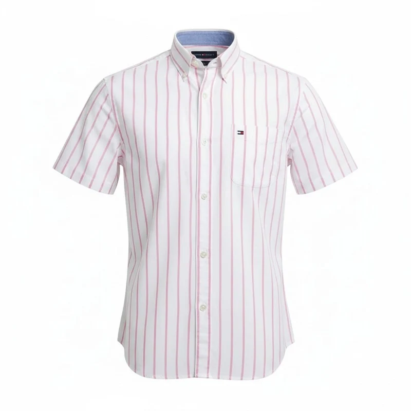 Tommy Hilfiger Mens Light Oxford Wide Stripe Short Sleeve Shirt Rose Petal Stripe / M