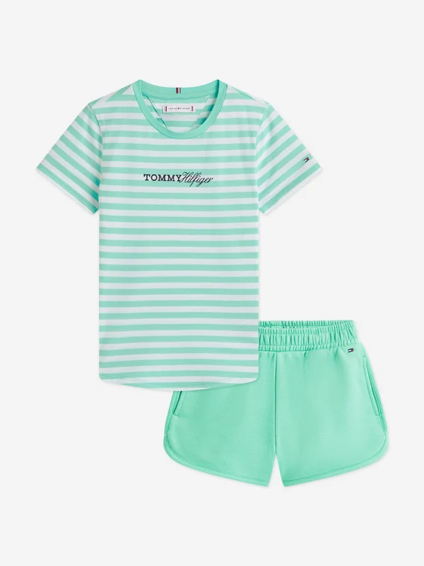 Tommy Hilfiger Girls Glitter Logo Striped Short Set in Green Khaki / 16 Yrs
