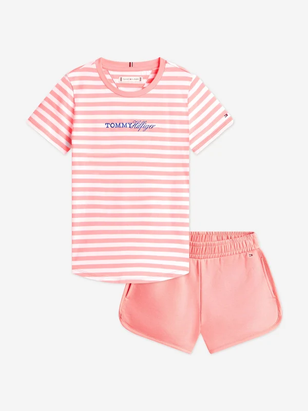 Tommy Hilfiger Girls Glitter Logo Striped Short Set in Pink Pink / 3 Yrs