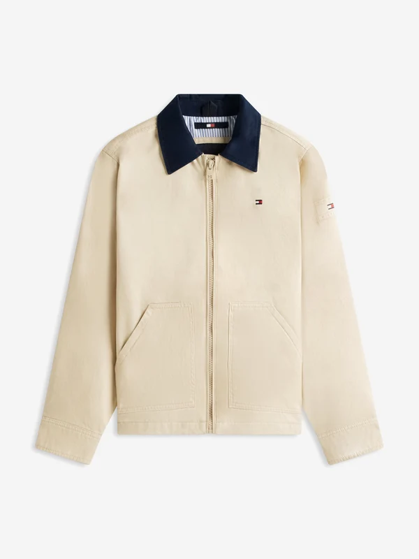 Tommy Hilfiger Boys Contrast Collar Cotton Jacket in Beige Beige / 14 Yrs