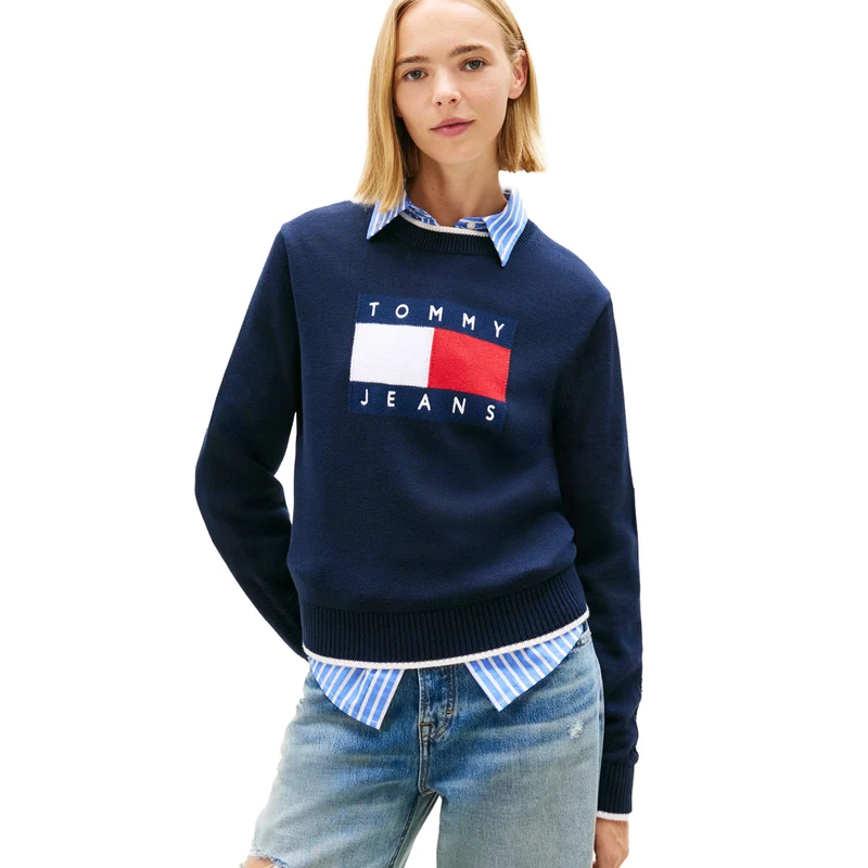 Maglione Donna Tommy Jeans Intarsia Flag Badge Blu Scuro S
