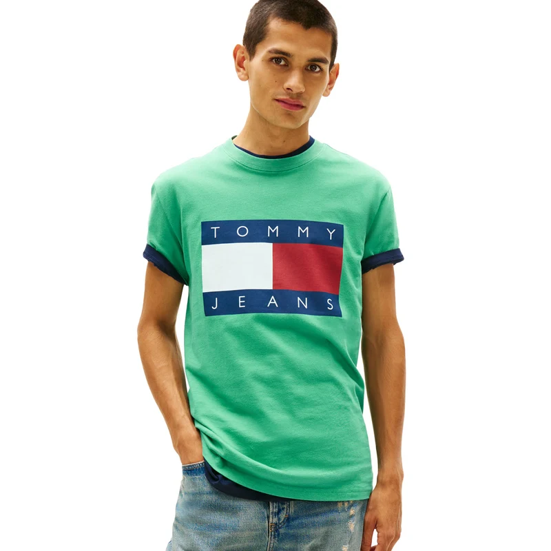 T-Shirt Uomo Tommy Jeans Flag Badge Verde Blu XL