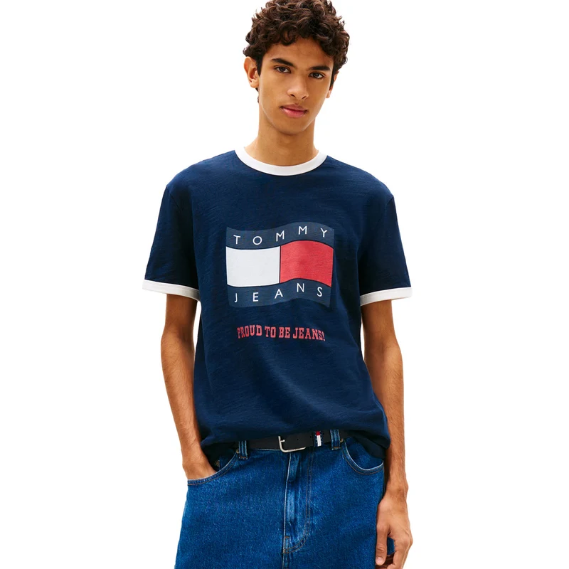 T-Shirt Uomo Tommy Jeans Wavy Flag Blu Scuro Bianco L