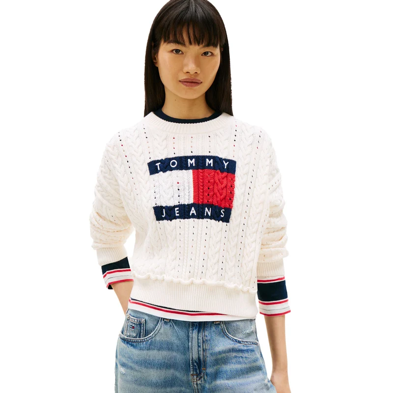 Maglione Donna Tommy Jeans Intarsia Flag Badge Bianco XS
