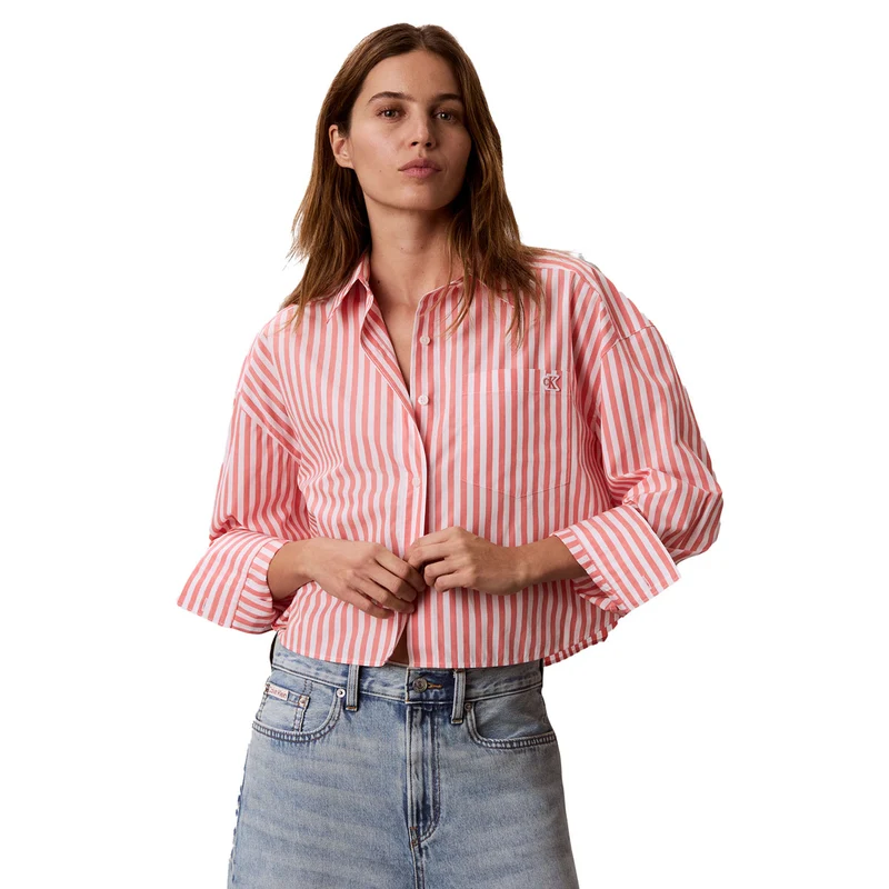 Camicia Donna Calvin Klein Yarndye Poplin Rosa Bianco L