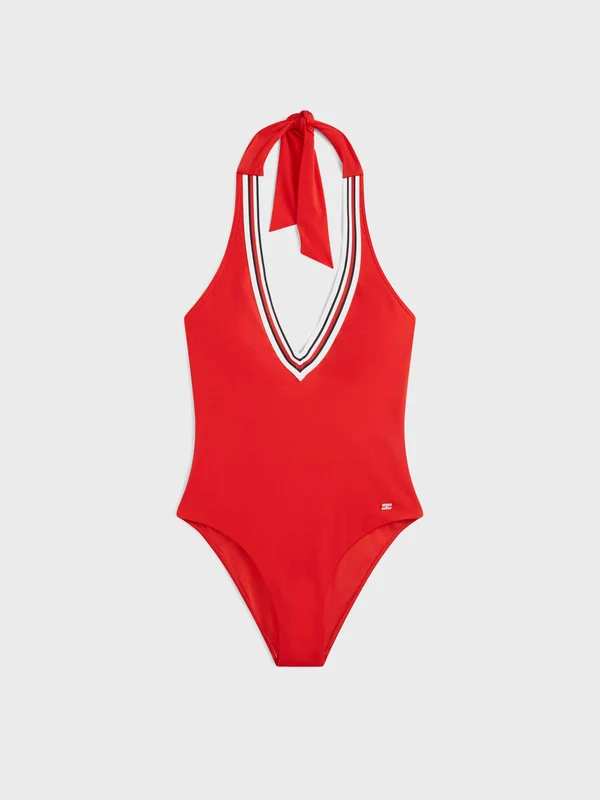 Tommy Hilfiger - Women's Global Stripe Plunge Halterneck Swimsuit Light Red / XS