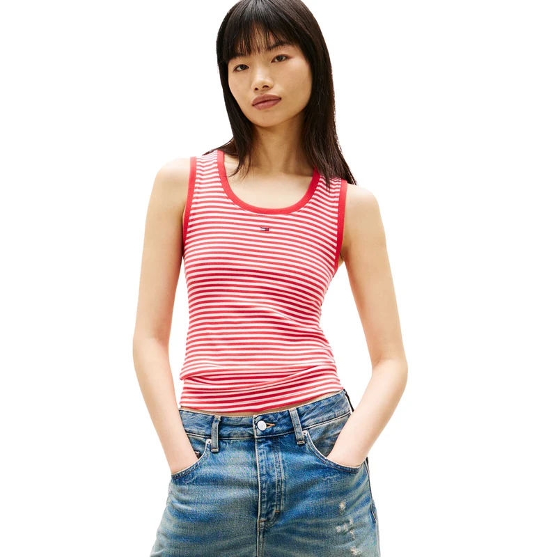 Canotta Donna Tommy Jeans Ribbed Rosso Bianco XS