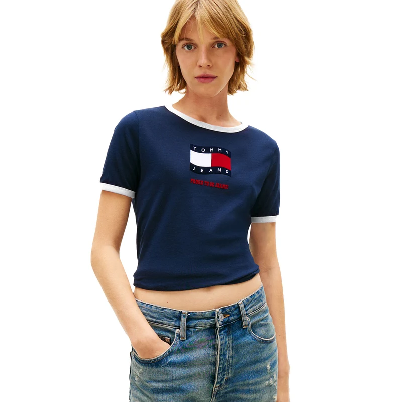 T-Shirt Donna Tommy Jeans Wavy Flag Blu Scuro M