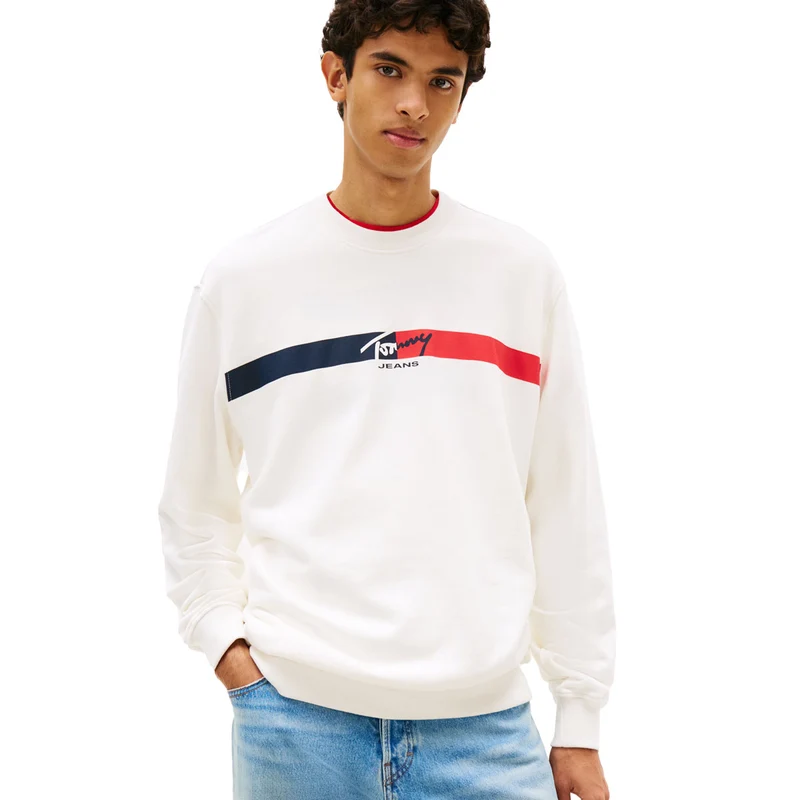 Felpa Uomo Tommy Jeans Logo Sueded Bianco Rosso Blu M