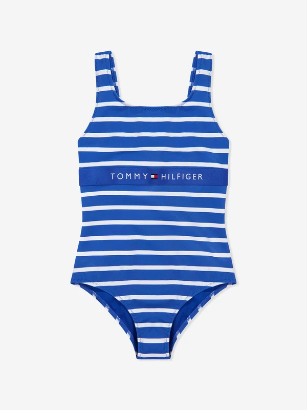 Tommy Hilfiger Girls Square Neck Striped Swimsuit in Blue Navy / 10 - 12 Yrs