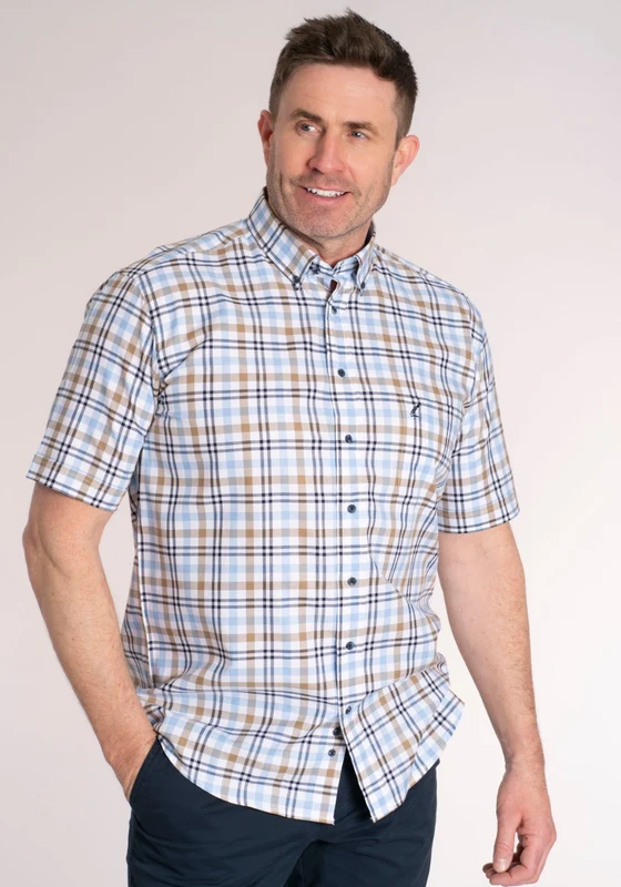 100% Cotton Short Sleeve Check Shirt - Brown/blue Brown/blue / L
