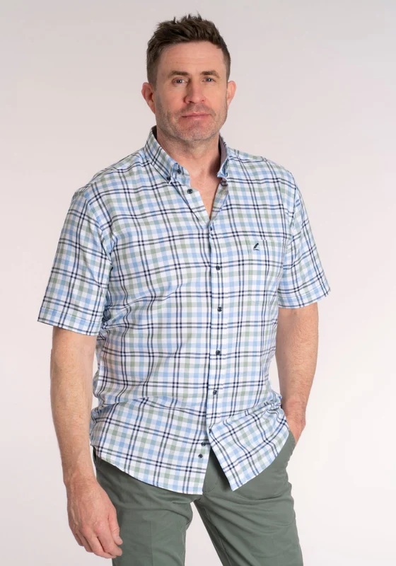 100% Cotton Short Sleeve Check Shirt - Green / Blue Green/blue / M