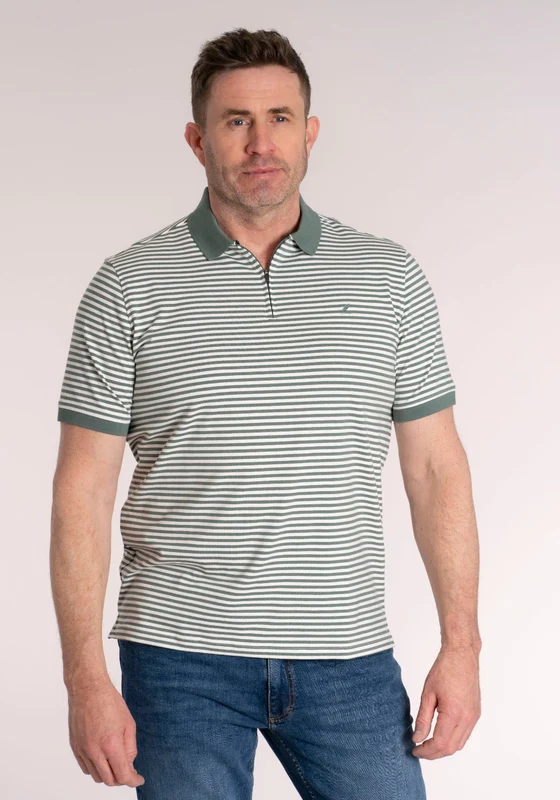 100% Cotton Stripe Zip Polo - Green Thyme Green / L
