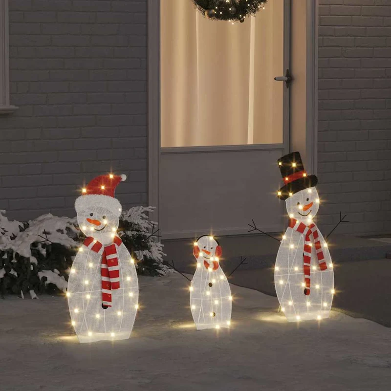 Verlichte sneeuwpop familie 3 stuks warmwit polyester