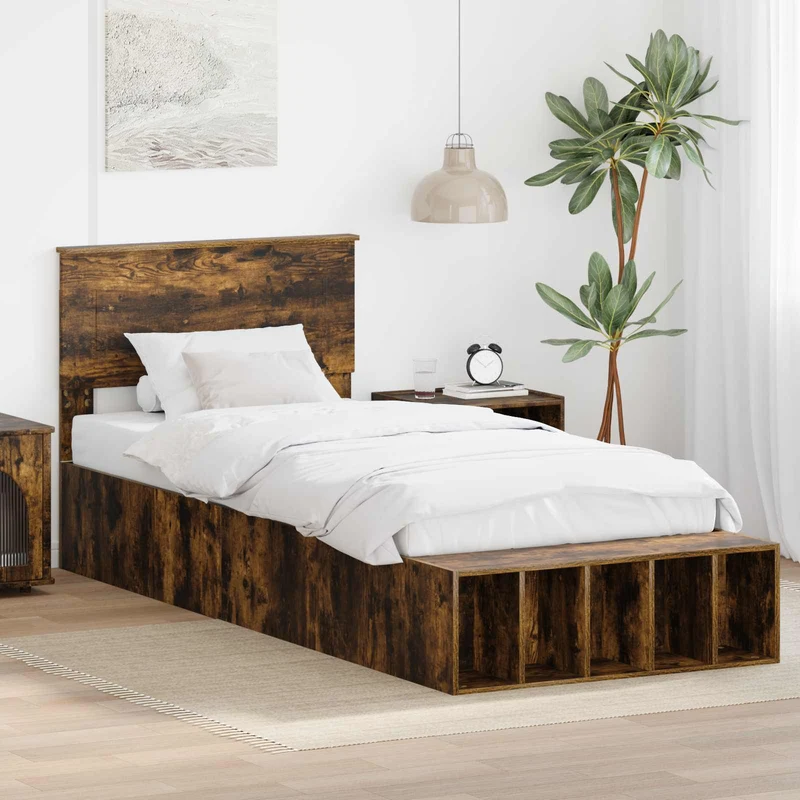 Sängyn runko hyllyllä Savupähkinä 90 x 200 cm Tekninen puu