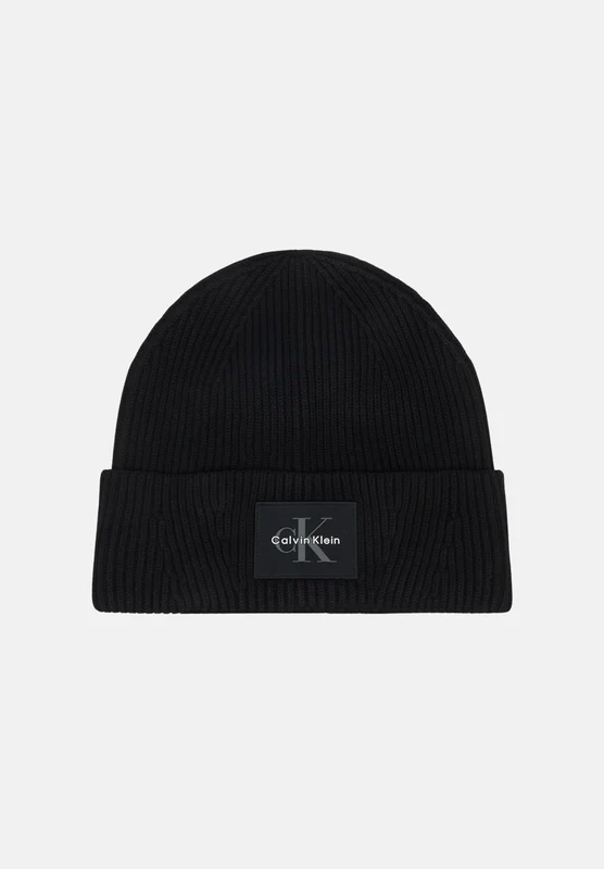 CALVIN KLEIN Cappello BEANIE di lana nero per uomo e donna con patch logo frontale. UNI
