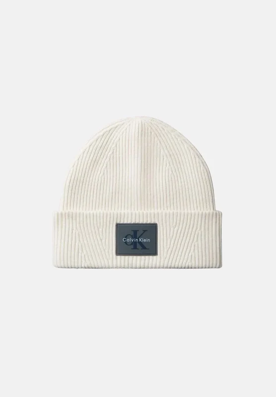 CALVIN KLEIN Cappello BEANIE di lana panna per uomo e donna con patch logo frontale. UNI