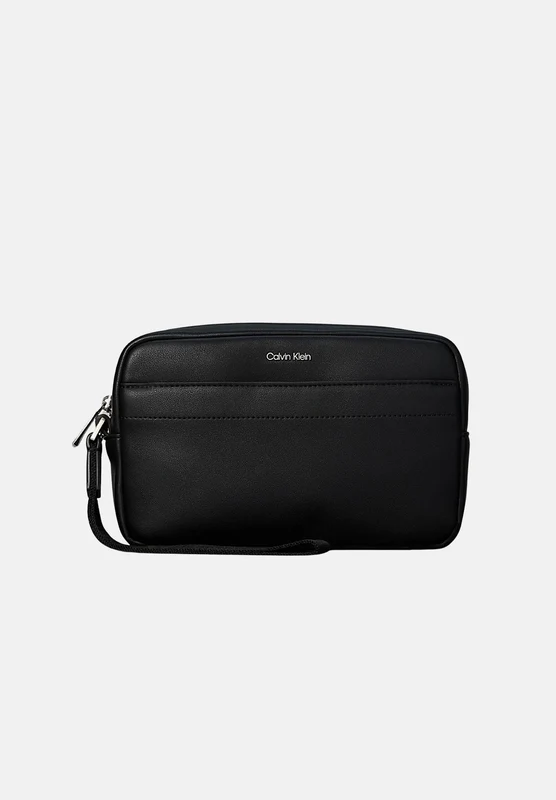 CALVIN KLEIN Borsa a mano nera in eco-pelle per uomo con chiusura zip e cinturino da polso. UNI