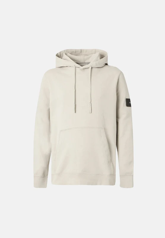 CALVIN KLEIN JEANS Felpa 350 TERRY BADGE HOODIE Moonstruck grigio chiaro da uomo con cappuccio regolabile, tasca a marsupio e badge sulla manica XXL