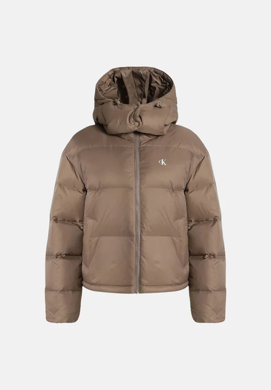 CALVIN KLEIN JEANS Piumino corto ESSENTIAL Sugar Almond beige mandorla da donna, con imbottitura in vera piuma d'anatra, cappuccio removibile, collo a M