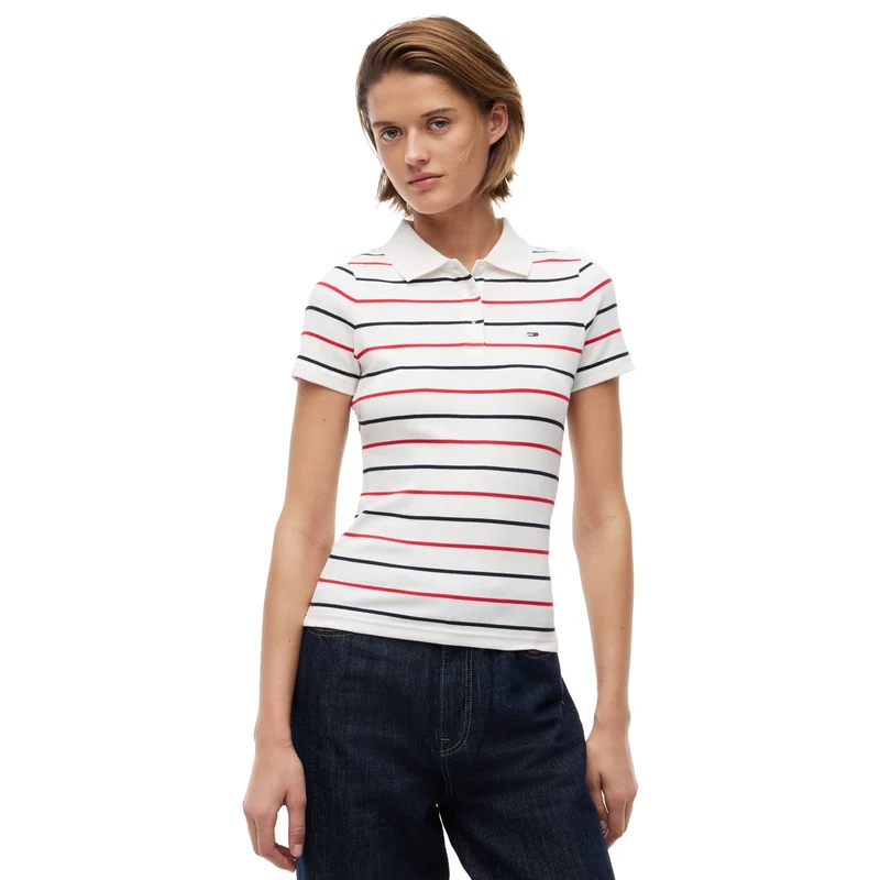 Polo Donna Tommy Jeans Slim Fit Righe Bianco XS