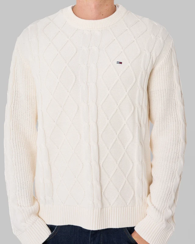 Tommy Jeans Flag Cable Knit Jumper Off White L