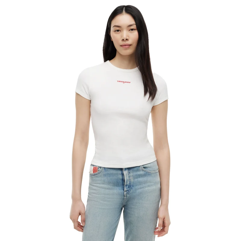 T-Shirt Donna Tommy Jeans Slim Script Rib Bianco S