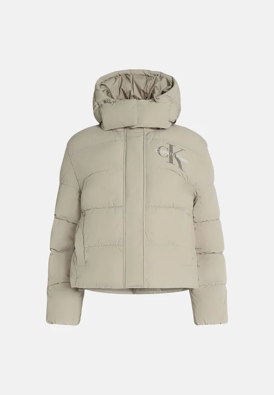 CALVIN KLEIN JEANS Piumino corto MATTE MONOLOGO PUFFER JACKET Crockery beige tortora chiaro da donna, con imbottitura sintetica, cappuccio, trapuntatu M