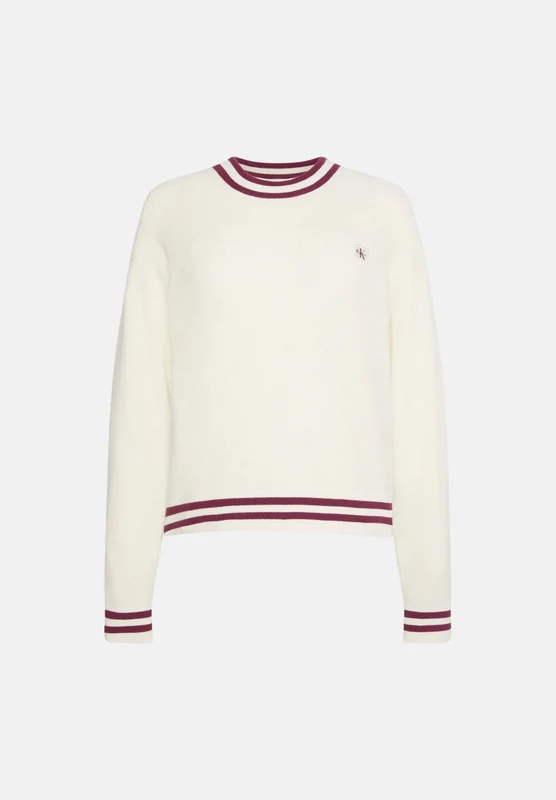 CALVIN KLEIN JEANS Maglia girocollo WOVEN LABEL CREWNECK SWEATER Tofu bianco panna da donna , con dettagli a righe bordeaux su collo, polsini e fondo S
