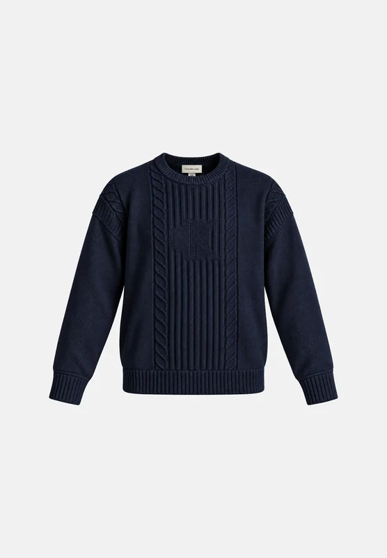 CALVIN KLEIN JEANS Maglione girocollo LOGO CABLE CREW 3 Dark Sapphire blu navy scuro da uomo, in misto lana, con lavorazione a trecce in rilievo, mani M