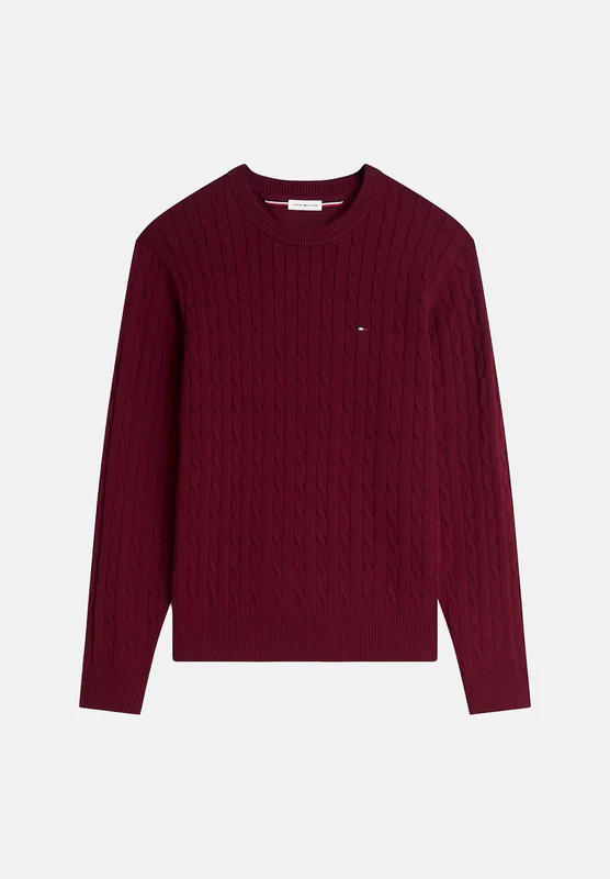 TOMMY HILFIGER Maglia girocollo CLASSICS CABLE KNIT RELAXED FIT JUMPER Burgundy bordeaux scuro da uomo, con lavorazione a trecce, maniche lunghe e ban XL
