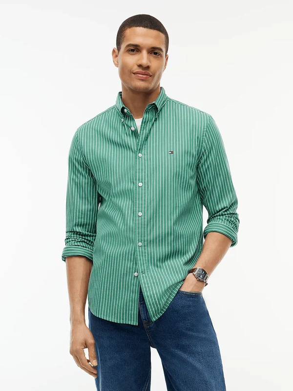 Tommy Hilfiger Mens Hairline Poplin Shirt - Alaskan Green Stripe Alaskan Green Stripe / L