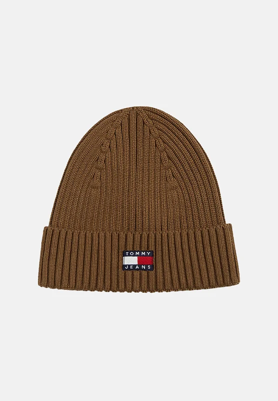 TOMMY JEANS Cappello di lana BEANIE marrone per uomo e donna con risvolto e patch logo ricamato. UNI
