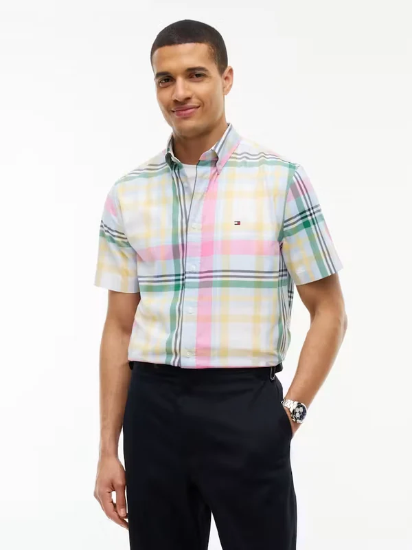 Tommy Hilfiger Mens Poplin Plaid Short Sleeve Shirt Sweet Blue/Check / XL