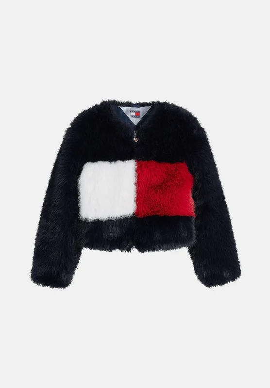 TOMMY JEANS Pelliccia sintetica TOMMY FLAG COLOUR-BLOCKED FAUX FUR Dark Blue blu notte da donna con maxi bandierina frontale bianca e rossa, linea cor S