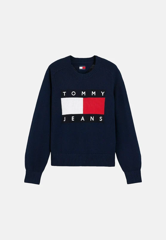TOMMY JEANS Maglione girocollo TOMMY FLAG RELAXED CREW NECK JUMPER Dark Blue blu navy scuro da donna, con maniche lunghe raglan, maxi logo bandiera To L