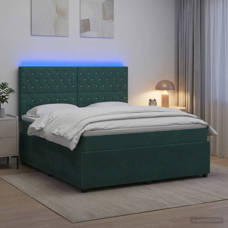 Boxspring bed 160x200 cm donkergroen fluweel met matras LED