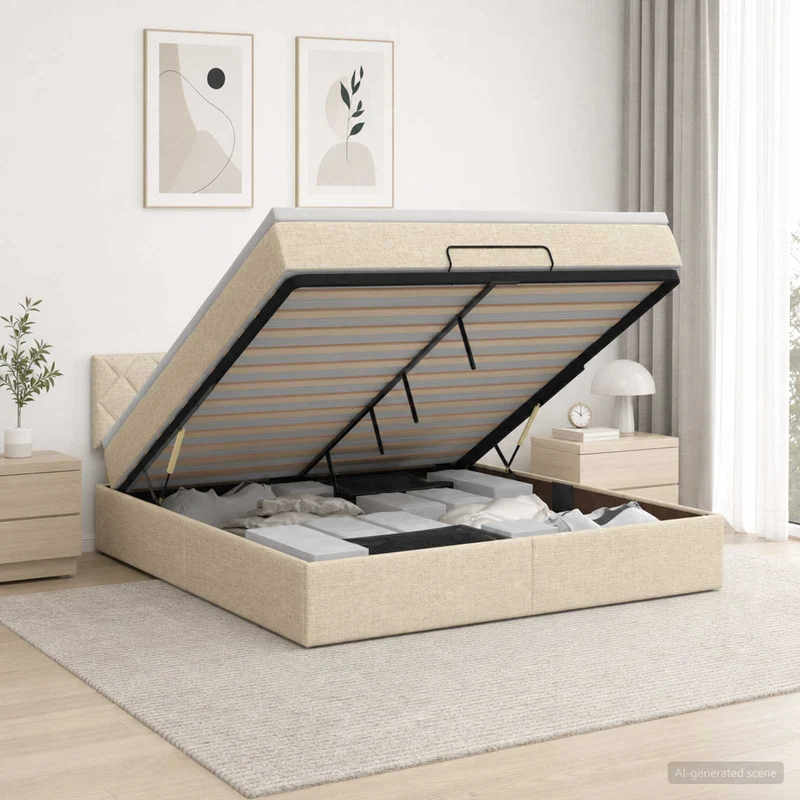 Ottoman bed 140x200 cm crèmekleurig met opbergruimte