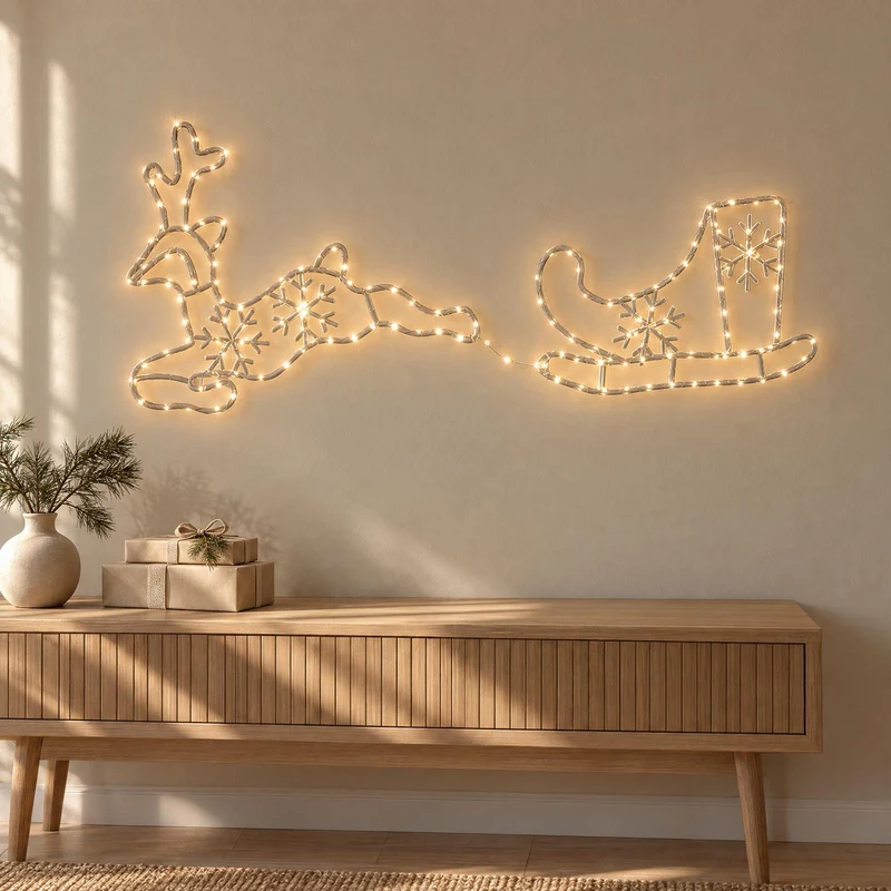 Renifer z saniami, dekoracja świetlna 180 LED, 130 x 51 cm
